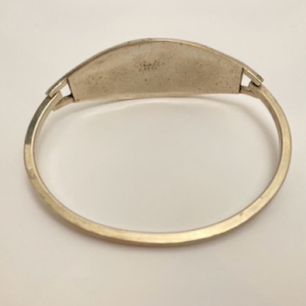 VINTAGE dried flower alpaca silver abalone hinge cuff bracelet, made in Mexico - Picture 3 of 5